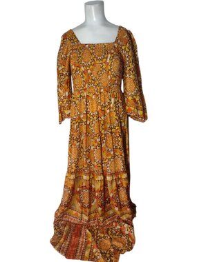 Me 2 Magic Anthropologie Smocked Tiered Maxi Dress M Boho Aztec Balloon Sleeves